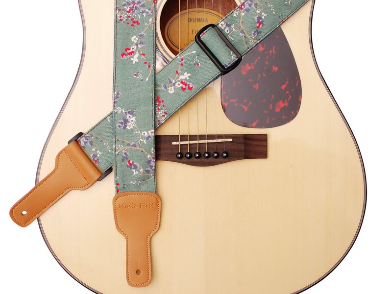 MUSIC FIRST Original Design, 2 inch width (5cm), Vintage Style â€œPlum Flowersâ€ Canvas & Genuine Leather Floral Guitar Strap Electric Guitar straps - Image 1